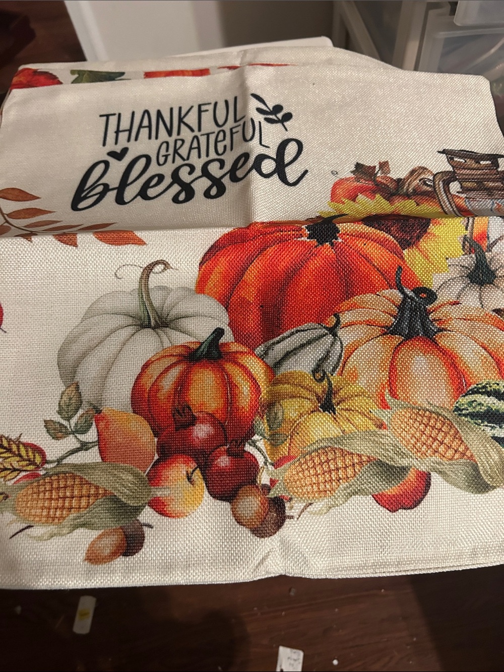 Thankful Grateful Blessed Fall Pumpkin Kitchen Towel - Orange/White. 4 pillow co